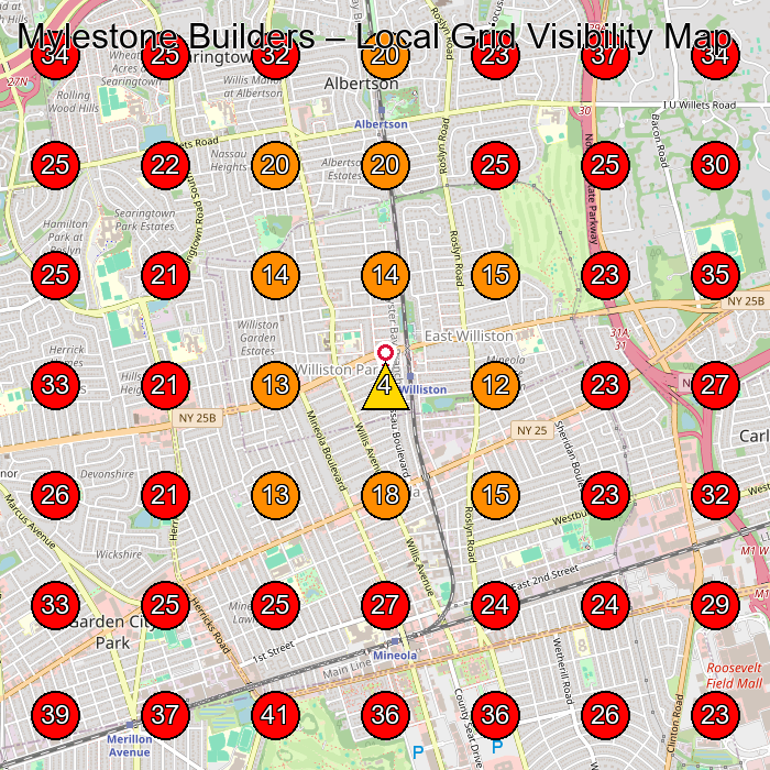 Mylestone Builders GeoGrid visibility map for Custom Home Builder in Williston Park